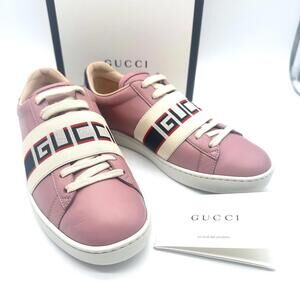EUC Gucci Pink Leather Ace Logo Stripe Strap Low Top Sneakers US 6 EUR 36.5
